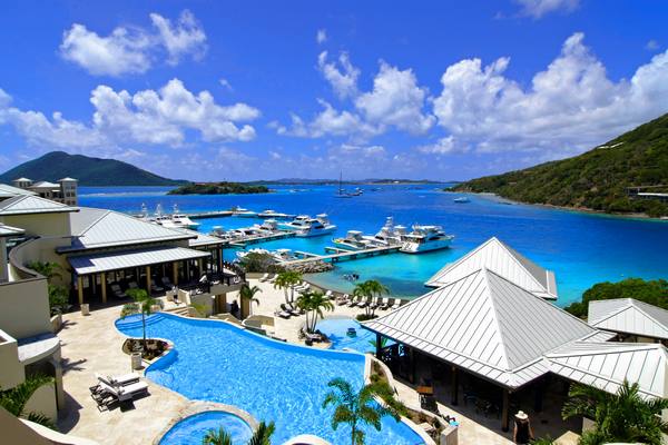 British Virgin Islands, SCRUB Island,  wide OVERVIEW pools to marina & sea